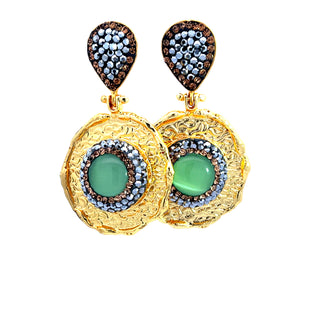 Round Gemstone & Crystal Brass Dangle Earring - Born To Glam