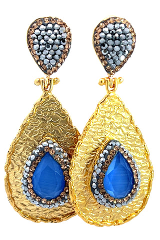 Teardrop Gemstone & Crystal Brass Dangle Earring - Born To Glam