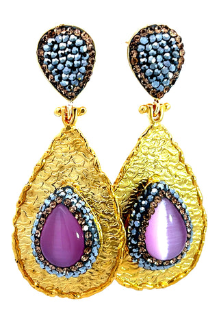 Teardrop Gemstone & Crystal Brass Dangle Earring - Born To Glam