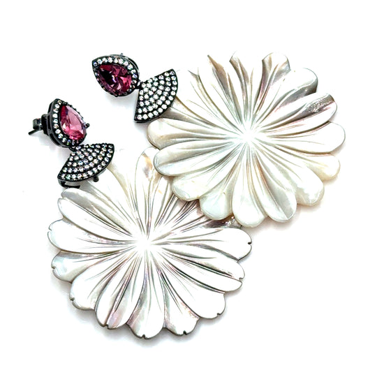 Carved Mother Of Pearl Floral Statement Earring Born To Glam