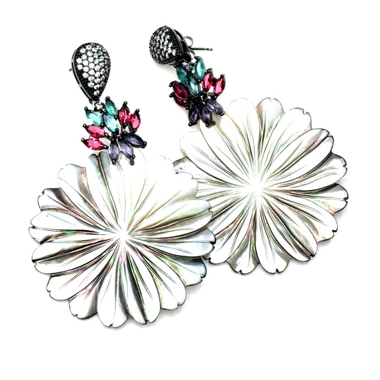 Carved Mother Of Pearl Floral Statement Earring Born To Glam