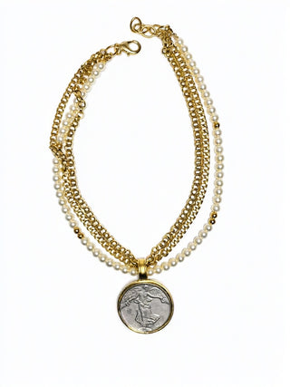Coin Pendant on Gold and Pearl Layered Necklace