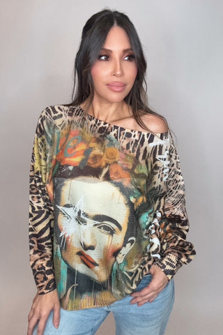 Frida Round Neck Knit Printed Sweater - Born To Glam