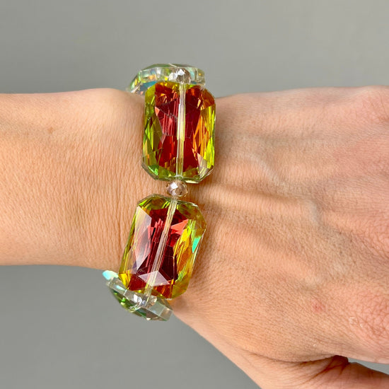 Rose Green Antiqued Crystal Rectangle Stretch Bracelet