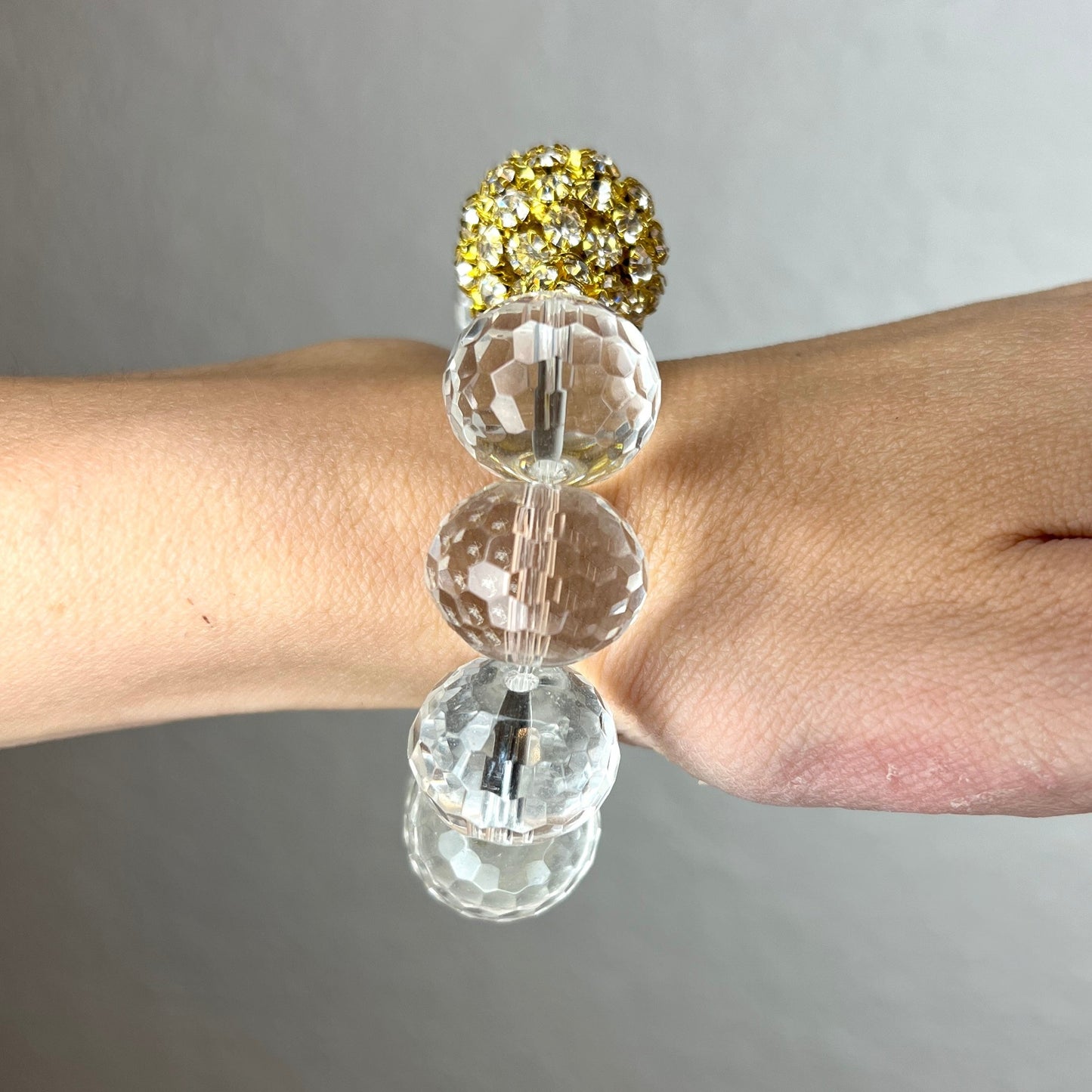 Clear Crystal Sphere Gold Disco Ball Stretch Bracelet