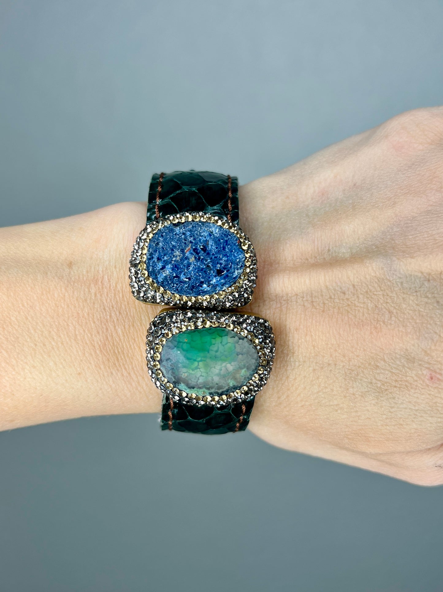Green & Blue Quartz Gemstone Leather Bracelet