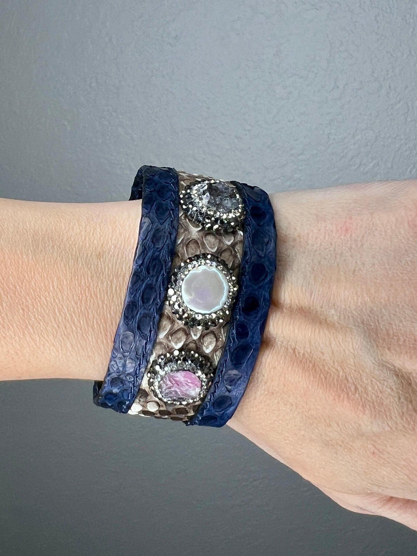 Blue Snakeskin Leather Gemstone Bracelet