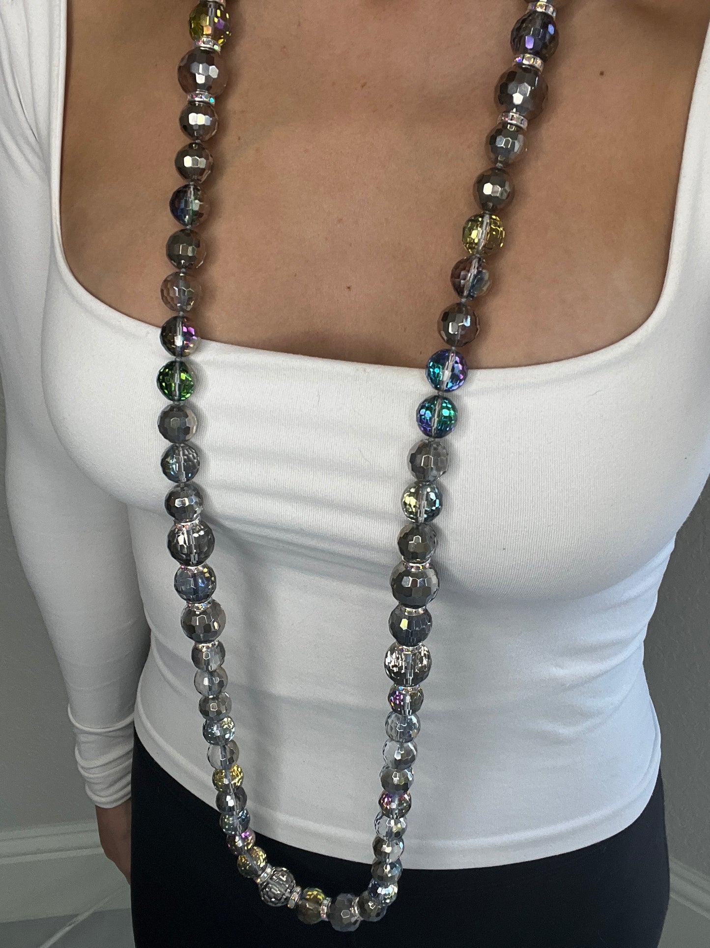 Silver Colorized Crystal Sphere Long Necklace