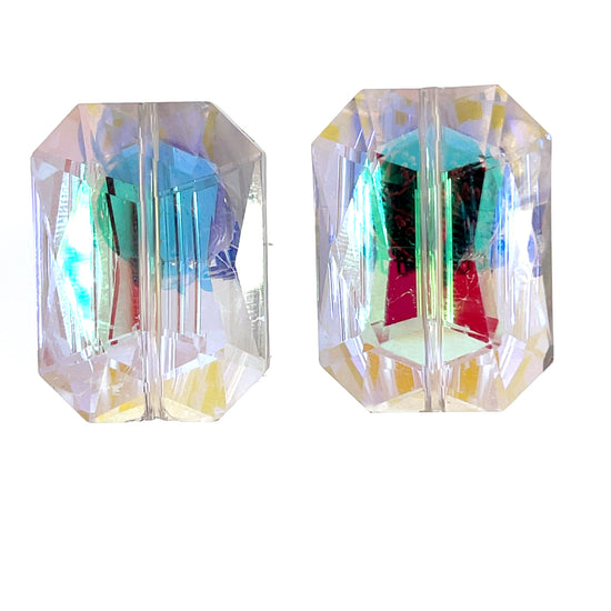 Purple Turquoise Colorized Rectangle Crystal Clip On Earrings