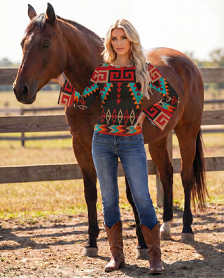 Baha Ranch Aztec Flare Sleeve Top - Born To Glam