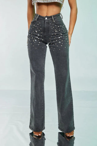 Grey Crystal Embellished Stretch Jeans - Born To Glam