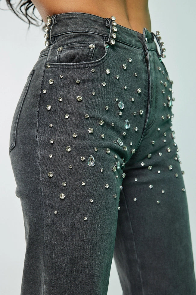 Grey Crystal Embellished Stretch Jeans - Born To Glam Born To Glam