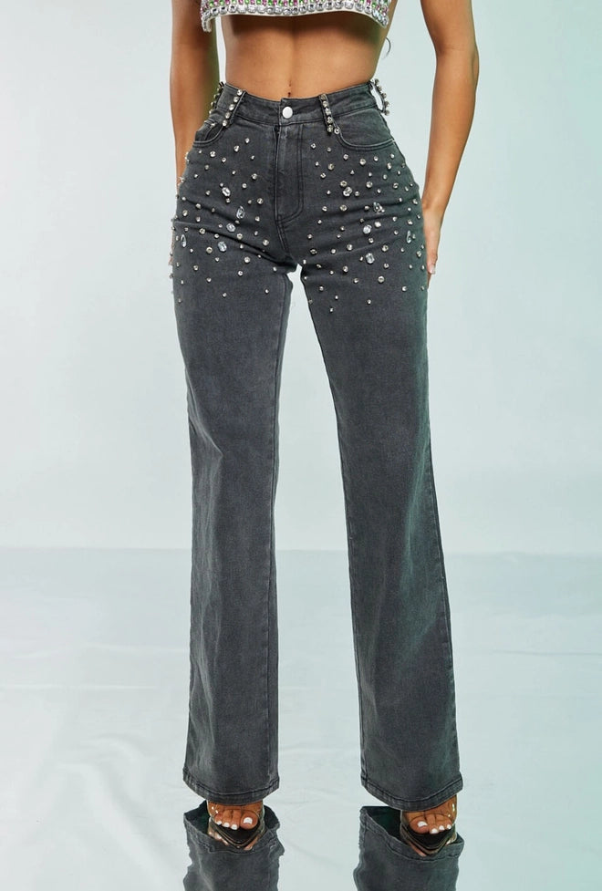 Grey Crystal Embellished Stretch Jeans - Born To Glam Born To Glam