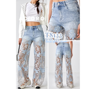 Light Wash Denim Lace Wide Leg Pants