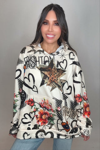 Heart Grafitti Print Hoodie Sweatshirt - Born To Glam