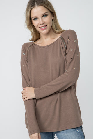Mocha Zipper Grommet Dolman Sleeve Top - front
