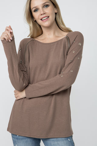 Mocha Zipper Grommet Dolman Sleeve Top - detail