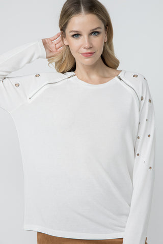 Off White Zipper Grommet Dolman Sleeve Top - detail