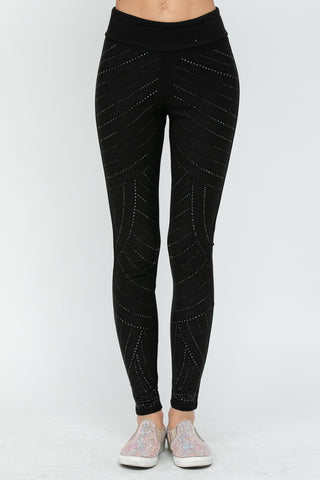 Black Full Length Knit Rhinestone Leggings - front