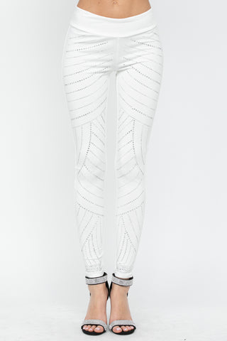 Off White Full Length Knit Rhinestone Leggings - front