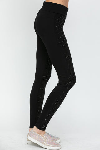 Black Full Length Knit Rhinestone Leggings - detail