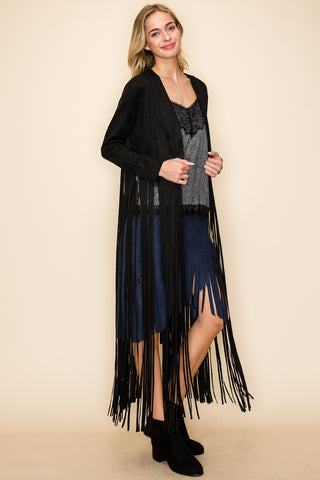 Black Suede Knit Open Front Jacket with Long Fringe - front