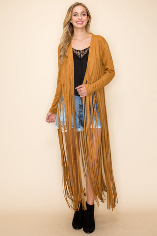 Camel Suede Knit Open Front Jacket with Long Fringe - front