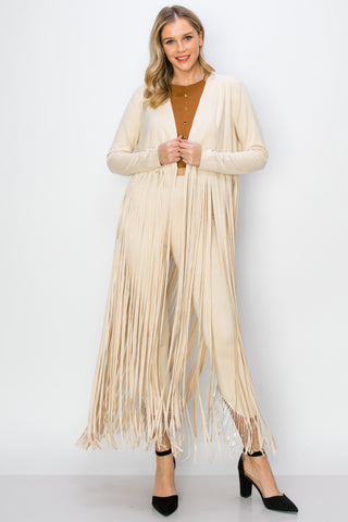 Natural Suede Knit Open Front Jacket with Long Fringe - front