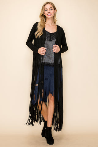 Black Suede Knit Open Front Jacket with Long Fringe - detail