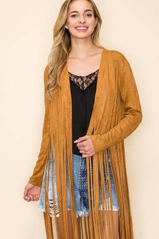 Camel Suede Knit Open Front Jacket with Long Fringe - detail