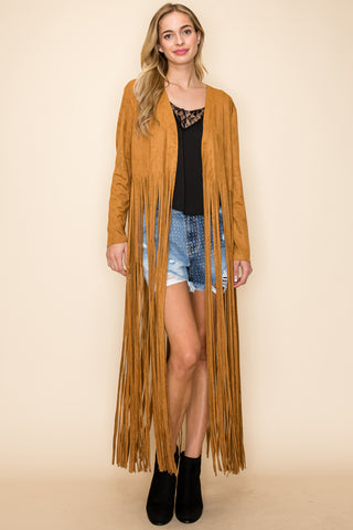 Camel Suede Knit Open Front Jacket with Long Fringe - detail