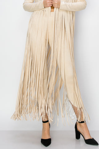Natural Suede Knit Open Front Jacket with Long Fringe - detail