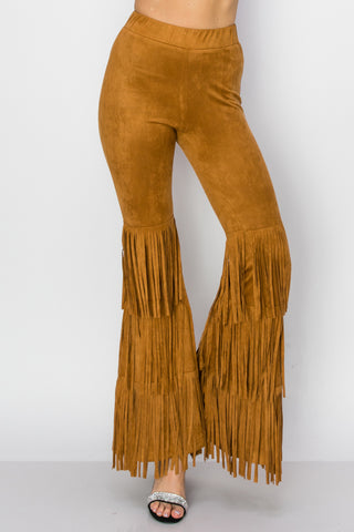 Camel Suede Knit Bell Bottom Pants with Fringe - front