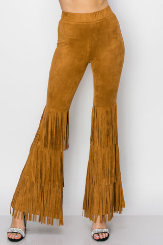 Camel Suede Knit Bell Bottom Pants with Fringe - detail