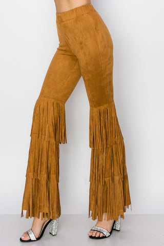 Camel Suede Knit Bell Bottom Pants with Fringe - detail