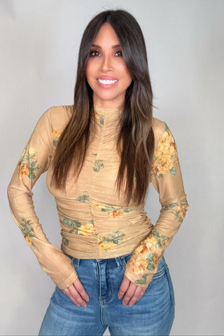 Mustard Floral Mock Neck Ruching Top - Born To Glam