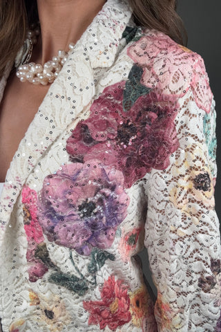 White Floral Lace Sequin Blazer - Born To Glam