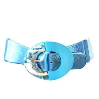 Aqua metallic belt with oversized oval buckle and marbled resin accent