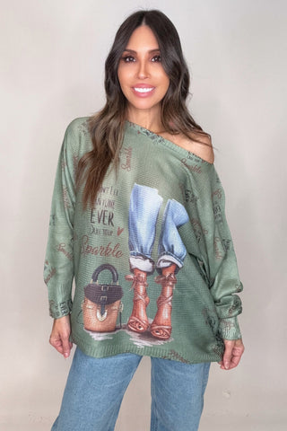 Vilego Olive Jeans Round Knit Printed Sweater - Born To Glam