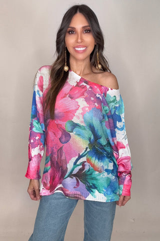 Fuchsia Floral Round Knit Printed Sweater - Born To Glam