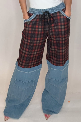Jocelyn Plaid Detail Denim Cargo Straight Pants - Born To Glam