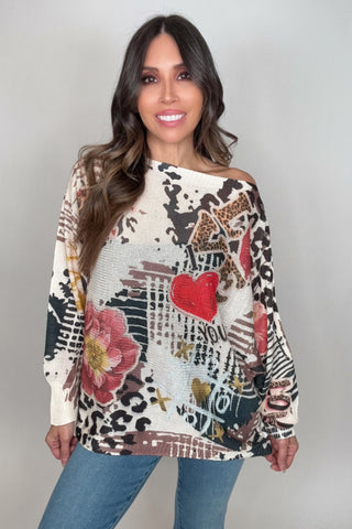 Floral Love Animal Print Round Neck Knit Printed Sweater - Born To Glam