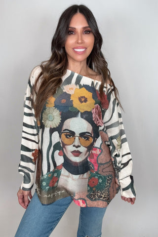 Frida Round Neck Knit Printed Sweater - Born To Glam