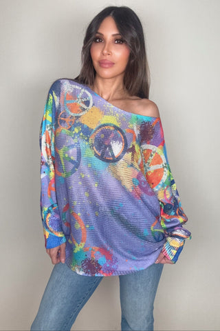 Purple Peace & Love Knit Printed Sweater - Born To Glam