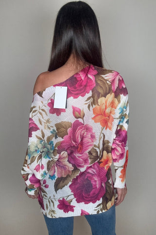 Fuchsia Floral Round Neck Knit Printed Sweater - Born To Glam