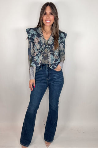 Midnight Indigo Floral Quilted Embroidered Vest - Born To Glam