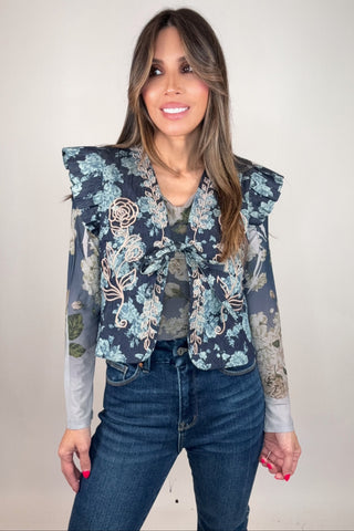Midnight Indigo Floral Quilted Embroidered Vest - Born To Glam