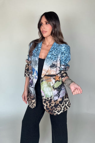 Blue Sequin Print Graphic Blazer - Born To Glam