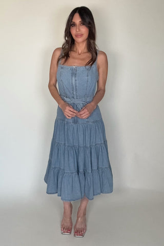 Denim Tiered Zip Midi Dress - Born To Glam