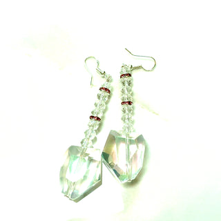 Iridescent and pink crystal drop earrings with faceted sparkle and a sterling silver hook post.